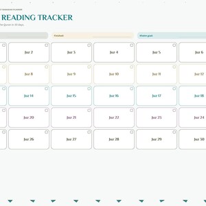 May include: A digital Quran reading tracker page for a 2027 Ramadan planner. The layout features a grid of thirty rectangular boxes labeled Juz 1 through Juz 30, each with a small checkbox. The header includes the text Quran Reading Tracker.