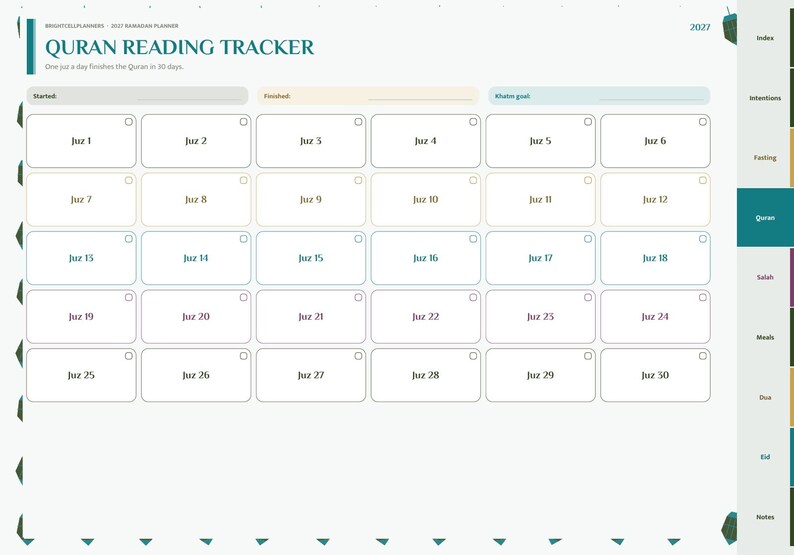 May include: A digital Quran reading tracker page for a 2027 Ramadan planner. The layout features a grid of thirty rectangular boxes labeled Juz 1 through Juz 30, each with a small checkbox. The header includes the text Quran Reading Tracker.