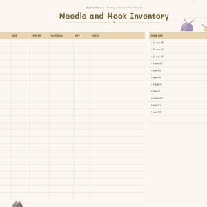 Puede incluir: Una p&aacute;gina de planificador digital titulada Needle and Hook Inventory con una barra lateral izquierda que contiene pesta&ntilde;as para Index, Projects, Stash, Needles, Patterns, Rows, Gauge y Notes. El dise&ntilde;o incluye una tabla de inventario.