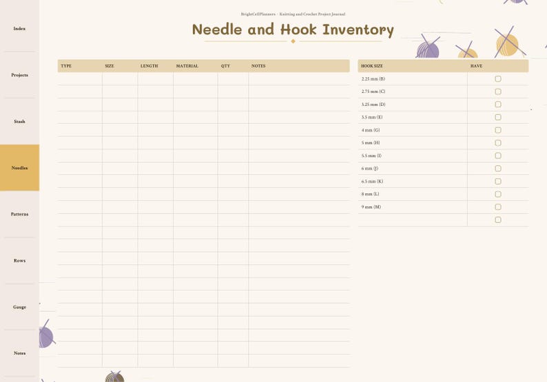 Puede incluir: Una p&aacute;gina de planificador digital titulada Needle and Hook Inventory con una barra lateral izquierda que contiene pesta&ntilde;as para Index, Projects, Stash, Needles, Patterns, Rows, Gauge y Notes. El dise&ntilde;o incluye una tabla de inventario.