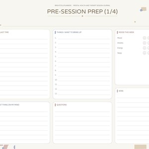 May include: A digital planner page titled PRE-SESSION PREP (1/4) for a mental health journal. It features sections for Since Last Time, Things I Want To Bring Up, Mood This Week, Biggest Thing On My Mind, Questions, and Wins with lined spaces.