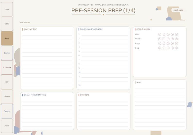 May include: A digital planner page titled PRE-SESSION PREP (1/4) for a mental health journal. It features sections for Since Last Time, Things I Want To Bring Up, Mood This Week, Biggest Thing On My Mind, Questions, and Wins with lined spaces.
