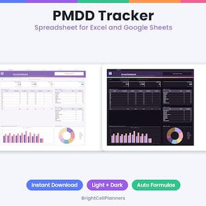Puede incluir: Una hoja de c&aacute;lculo PMDD Tracker para Excel y Google Sheets con un panel anual en modos claro y oscuro. La interfaz incluye tablas de datos, gr&aacute;ficos de barras y un gr&aacute;fico circular. Los botones indican Instant Download, Light + Dark y Auto Formulas.