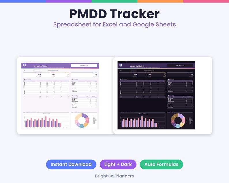Puede incluir: Una hoja de c&aacute;lculo PMDD Tracker para Excel y Google Sheets con un panel anual en modos claro y oscuro. La interfaz incluye tablas de datos, gr&aacute;ficos de barras y un gr&aacute;fico circular. Los botones indican Instant Download, Light + Dark y Auto Formulas.