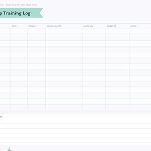 May include: A digital Sleep Training Log planner page with a light purple sidebar featuring navigation tabs for Index, Little One, Naps, Sleep Training, Potty, Meals, Milestones, and Notes. The main area contains a table with columns for Night, Date, Down At, Crying Minutes, Check-ins, Asleep At, and Notes, plus a section for additional notes at the bottom.