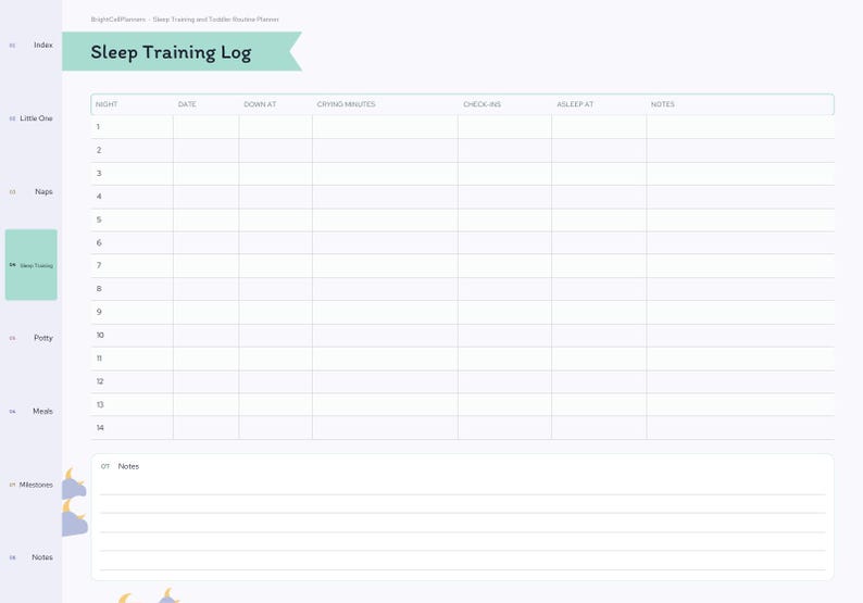 May include: A digital Sleep Training Log planner page with a light purple sidebar featuring navigation tabs for Index, Little One, Naps, Sleep Training, Potty, Meals, Milestones, and Notes. The main area contains a table with columns for Night, Date, Down At, Crying Minutes, Check-ins, Asleep At, and Notes, plus a section for additional notes at the bottom.