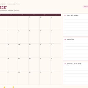 May include: A digital daycare provider business planner for January 2027 featuring a monthly calendar grid, sections for enrolled children, tuition due, and closures and holidays, with a side navigation bar containing monthly tabs.