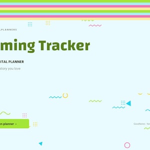Pu&ograve; includere: Un'interfaccia di pianificatore digitale intitolata Gaming Tracker 2027 di Brightcellplanners. Lo sfondo azzurro presenta forme geometriche colorate, un pulsante verde lime Open planner e testo che indica la compatibilit&agrave; con GoodNotes, Notability e Noteshelf.
