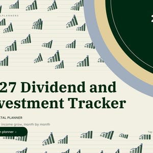 Puede incluir: Un planificador digital titulado 2027 Dividend and Investment Tracker con fondo crema y un patr&oacute;n repetitivo de gr&aacute;ficos de barras verde oscuro. El dise&ntilde;o incluye un acento circular verde oscuro, el texto 2027 y un bot&oacute;n con la etiqueta Open planner.