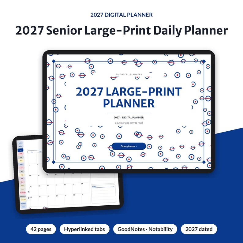 May include: A 2027 digital daily planner with large-print text displayed on two tablet screens. The cover features a white background with blue and red circular patterns, the text 2027 LARGE-PRINT PLANNER, and an Open planner button.