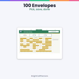 May include: A digital 100-Envelope Challenge tracker displayed on a screen. The interface features a green header with the text 100 Envelopes, Pick, save, done, and a grid of numbered yellow and white boxes to track savings progress.