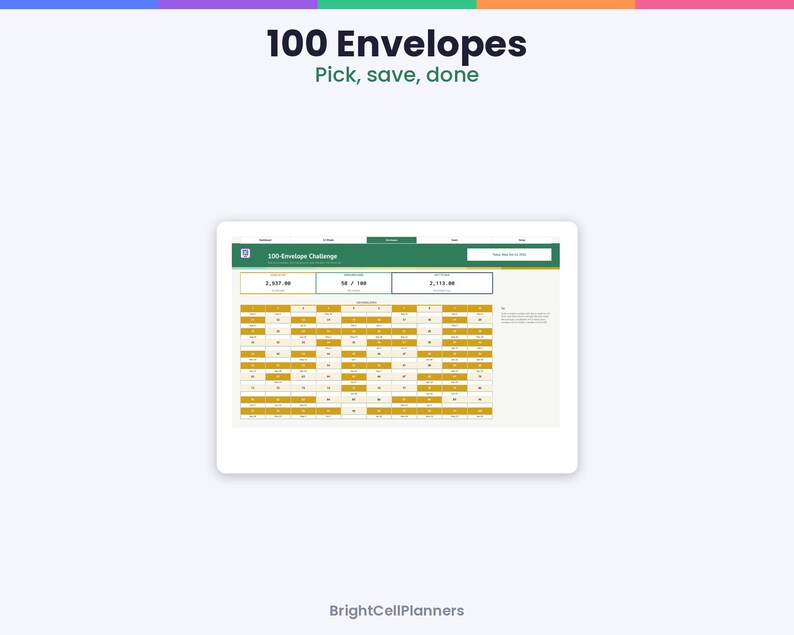 May include: A digital 100-Envelope Challenge tracker displayed on a screen. The interface features a green header with the text 100 Envelopes, Pick, save, done, and a grid of numbered yellow and white boxes to track savings progress.