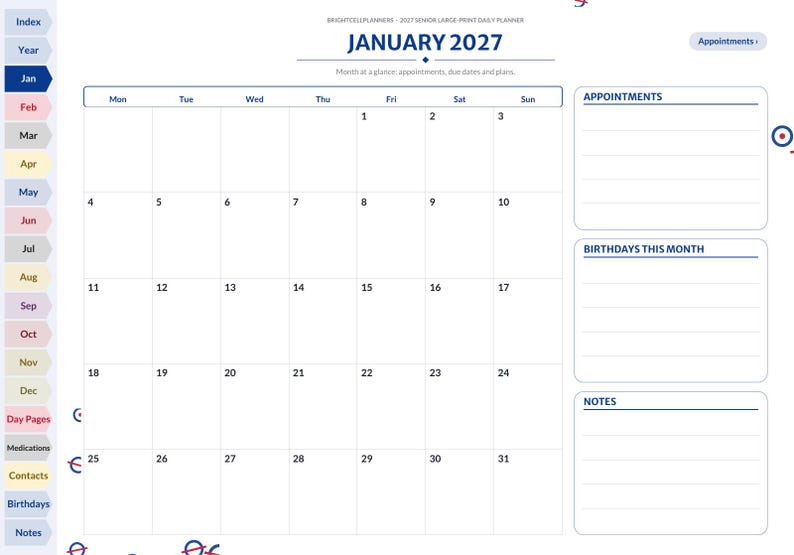 May include: A digital daily planner page for January 2027 featuring a monthly calendar grid, a sidebar with navigation tabs, and sections for appointments, birthdays, and notes. The layout includes text labels for days of the week and dates.