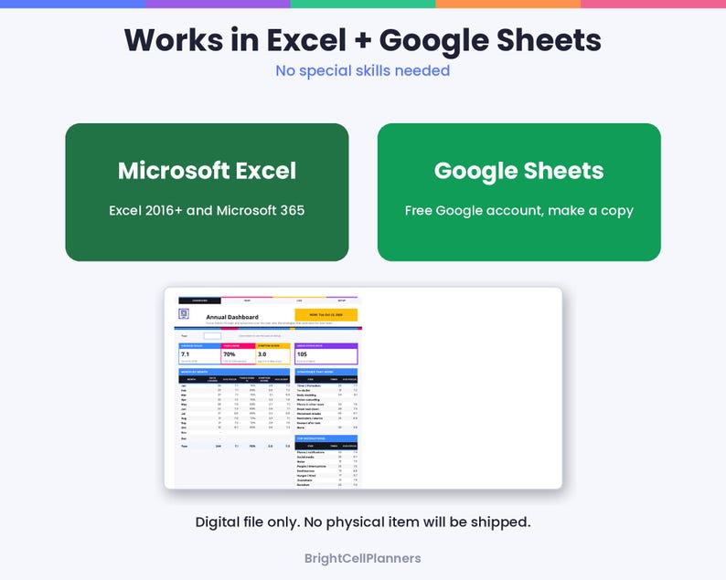 Puede incluir: Una plantilla de hoja de c&aacute;lculo de panel anual digital compatible con Microsoft Excel 2016+ y Microsoft 365, y Google Sheets. La interfaz muestra tablas de datos, m&eacute;tricas y gr&aacute;ficos con un fondo blanco y encabezados de colores.
