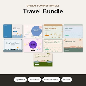 May include: A digital travel planner bundle featuring nine distinct planner templates including Travel Planner, Simple Travel Planner, Road Trip Planner, Cruise Planner, Group Travel Planner, Theme Park Trip Planner, RV Travel Planner, Camping Trip Planner, and Hiking and Trail Journal.