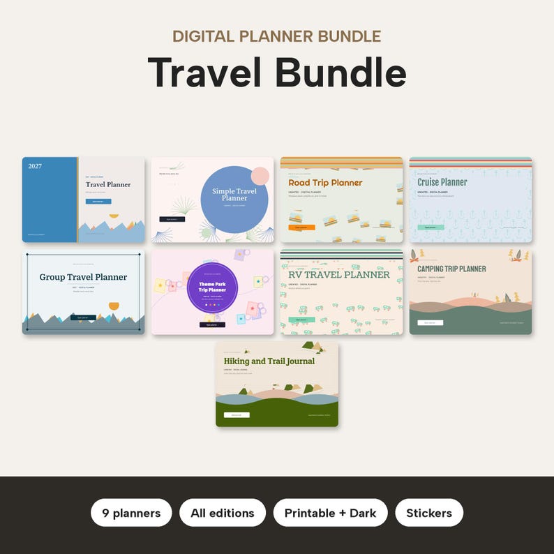 May include: A digital travel planner bundle featuring nine distinct planner templates including Travel Planner, Simple Travel Planner, Road Trip Planner, Cruise Planner, Group Travel Planner, Theme Park Trip Planner, RV Travel Planner, Camping Trip Planner, and Hiking and Trail Journal.
