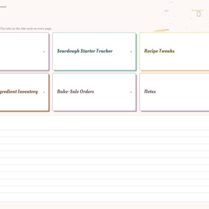 May include: A digital baking journal index page featuring six rectangular navigation tiles labeled Bake Log, Sourdough Starter Tracker, Recipe Tweaks, Pantry and Ingredient Inventory, Bake-Sale Orders, and Notes, with a lined quick notes section below.