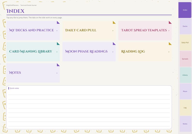 May include: A digital planner index page titled INDEX with navigation tiles labeled My Decks and Practice, Daily Card Pull, Tarot Spread Templates, Card Meaning Library, Moon Phase Readings, Reading Log, and Notes, plus a lined Quick Notes section.