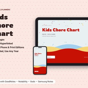May include: A digital Kids Chore Chart planner displayed on a tablet and smartphone. The interface features red, yellow, and blue wave graphics, confetti accents, and the text Kids Chore Chart, Undated Digital Planner, and Little jobs, big stars, happy home.