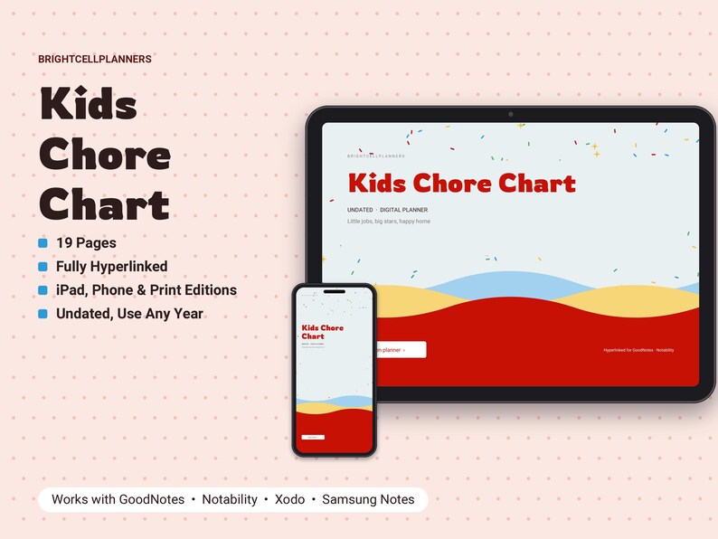 May include: A digital Kids Chore Chart planner displayed on a tablet and smartphone. The interface features red, yellow, and blue wave graphics, confetti accents, and the text Kids Chore Chart, Undated Digital Planner, and Little jobs, big stars, happy home.