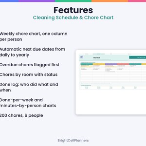 Puede incluir: Una plantilla digital de calendario de limpieza y tareas dom&eacute;sticas con vista semanal y columnas para seis personas. La interfaz muestra fechas de vencimiento autom&aacute;ticas, alertas de tareas pendientes, estado por habitaci&oacute;n y registros.