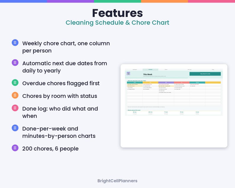 Puede incluir: Una plantilla digital de calendario de limpieza y tareas dom&eacute;sticas con vista semanal y columnas para seis personas. La interfaz muestra fechas de vencimiento autom&aacute;ticas, alertas de tareas pendientes, estado por habitaci&oacute;n y registros.