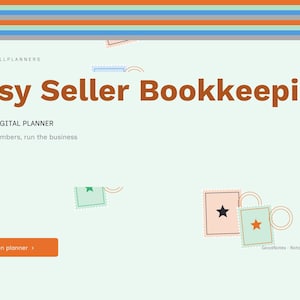 May include: A digital planner interface titled Etsy Seller Bookkeeping 2027 with a light green background, orange button labeled Open planner, and decorative postage stamp graphics featuring stars and circles in muted pastel colors.