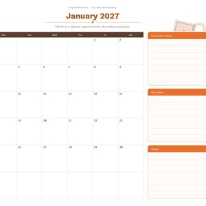 May include: A digital planner page for January 2027 featuring a monthly calendar grid, a section for focus this month, key dates, and notes. The layout includes a sidebar with navigation tabs for months and categories in a light orange and brown color scheme.