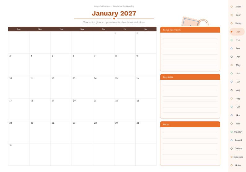 May include: A digital planner page for January 2027 featuring a monthly calendar grid, a section for focus this month, key dates, and notes. The layout includes a sidebar with navigation tabs for months and categories in a light orange and brown color scheme.