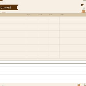 Puede incluir: Una p&aacute;gina de diario de preparaci&oacute;n de caf&eacute; titulada Coffee Equipment con una tabla para registrar art&iacute;culos, marcas, fechas de compra, precios y notas. El dise&ntilde;o incluye una secci&oacute;n para notas y una barra de navegaci&oacute;n lateral con pesta&ntilde;as para index, beans, brew, tasting, cafes, equipment y notes.