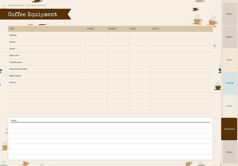 Puede incluir: Una p&aacute;gina de diario de preparaci&oacute;n de caf&eacute; titulada Coffee Equipment con una tabla para registrar art&iacute;culos, marcas, fechas de compra, precios y notas. El dise&ntilde;o incluye una secci&oacute;n para notas y una barra de navegaci&oacute;n lateral con pesta&ntilde;as para index, beans, brew, tasting, cafes, equipment y notes.