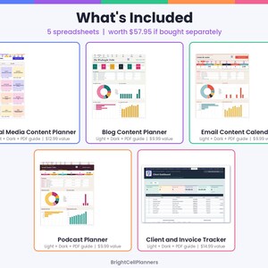 Może przedstawiać: Cyfrowy pakiet zawierający pięć arkuszy kalkulacyjnych: Social Media Content Planner, Blog Content Planner, Email Content Calendar, Podcast Planner oraz Client and Invoice Tracker, prezentujących wykresy, tabele i układy.