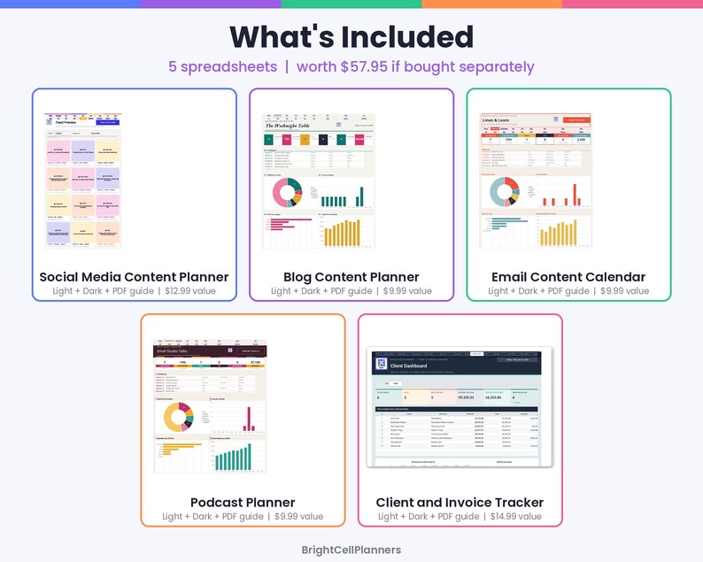 Może przedstawiać: Cyfrowy pakiet zawierający pięć arkuszy kalkulacyjnych: Social Media Content Planner, Blog Content Planner, Email Content Calendar, Podcast Planner oraz Client and Invoice Tracker, prezentujących wykresy, tabele i układy.