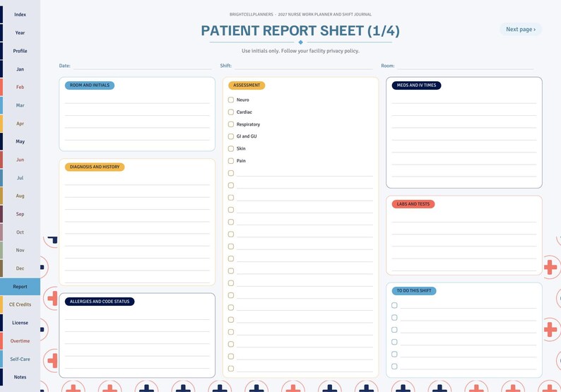 May include: A digital patient report sheet template for nurses featuring sections for room and initials, diagnosis and history, assessment, meds and IV times, labs and tests, and to-do lists. The layout includes a sidebar with monthly tabs.