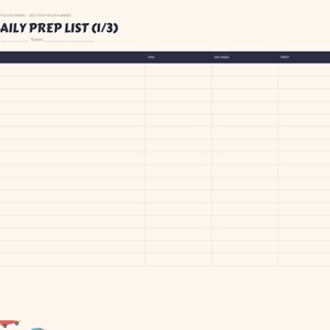 May include: A digital daily prep list planner page with a cream background and dark blue header. The text reads Daily Prep List (1/3), Date, Event, Item, Par, On Hand, Prep, and Done. A sidebar lists months and categories with small food truck icons.