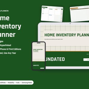 Puede incluir: Un planificador de inventario dom&eacute;stico digital mostrado en una tableta y un tel&eacute;fono inteligente, con fondo de cuadr&iacute;cula, detalles en verde oscuro y texto blanco. La interfaz incluye 23 p&aacute;ginas, hiperv&iacute;nculos y compatibilidad con GoodNotes, Notability, Xodo y Samsung Notes.