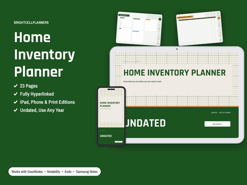 Puede incluir: Un planificador de inventario dom&eacute;stico digital mostrado en una tableta y un tel&eacute;fono inteligente, con fondo de cuadr&iacute;cula, detalles en verde oscuro y texto blanco. La interfaz incluye 23 p&aacute;ginas, hiperv&iacute;nculos y compatibilidad con GoodNotes, Notability, Xodo y Samsung Notes.