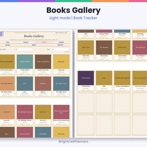 May include: A digital book tracker interface titled Books Gallery in light mode. The layout features a grid of rectangular book cards in various muted colors, each displaying a book title, author, and star rating. Navigation tabs and search filters are visible at the top.