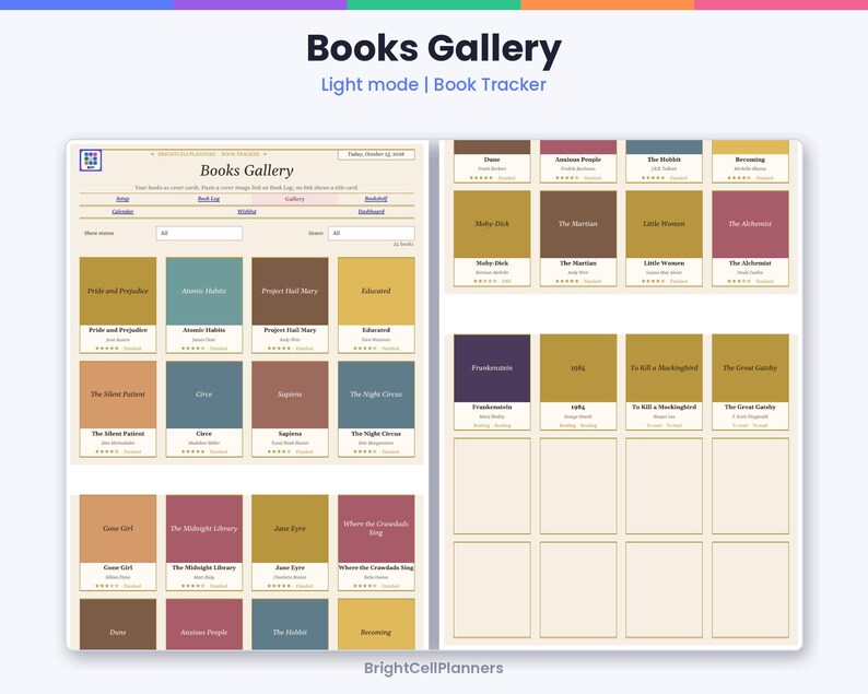 May include: A digital book tracker interface titled Books Gallery in light mode. The layout features a grid of rectangular book cards in various muted colors, each displaying a book title, author, and star rating. Navigation tabs and search filters are visible at the top.