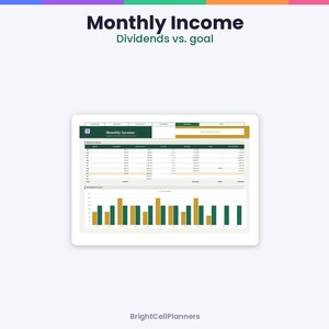 Puede incluir: Una hoja de c&aacute;lculo digital para el seguimiento de ingresos mensuales titulada Monthly Income Dividends vs. goal. La interfaz presenta una tabla para datos de dividendos mensuales y un gr&aacute;fico de barras que compara dividendos con objetivos.