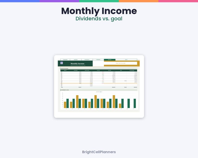 Puede incluir: Una hoja de c&aacute;lculo digital para el seguimiento de ingresos mensuales titulada Monthly Income Dividends vs. goal. La interfaz presenta una tabla para datos de dividendos mensuales y un gr&aacute;fico de barras que compara dividendos con objetivos.