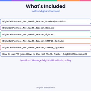 May include: A digital file list titled What's Included, featuring BrightCellPlanners_Net_Worth_Tracker_Bundle.zip, BrightCellPlanners_Net_Worth_Tracker_Dark.xlsx, BrightCellPlanners_Net_Worth_Tracker_Light.xlsx, and a How-to-use PDF guide.
