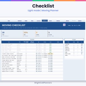 May include: A digital moving checklist planner interface titled Moving Checklist with a blue and white color scheme. It displays task progress, a detailed table of moving activities, status columns, and a summary section by type.