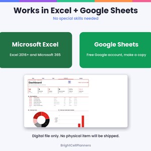 May include: A digital dashboard template compatible with Microsoft Excel and Google Sheets. The graphic displays text reading Works in Excel + Google Sheets, No special skills needed, Microsoft Excel 2016+ and Microsoft 365, Google Sheets Free Google account, make a copy, and BrightCellPlanners.