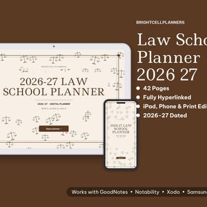 May include: A digital 2026-27 law school planner displayed on a tablet and smartphone screen. The cream-colored interface features a pattern of scales of justice, the text 2026-27 LAW SCHOOL PLANNER, and a brown button labeled Open planner.