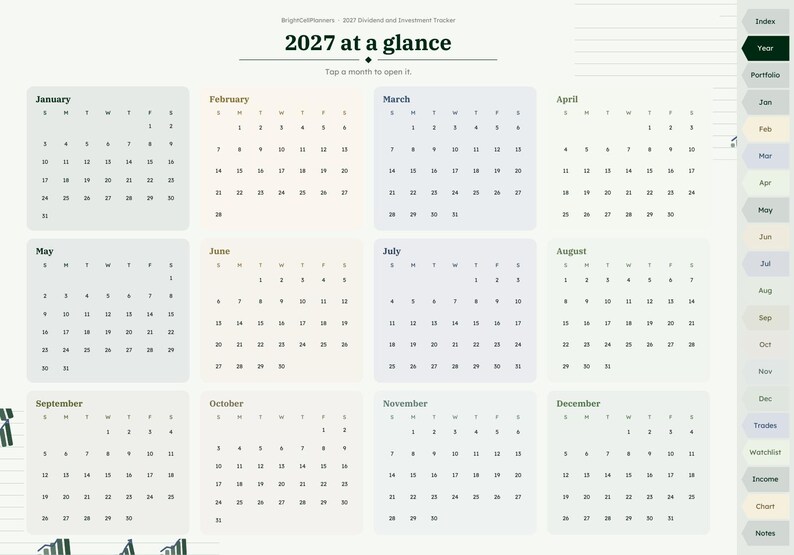 Puede incluir: Una p&aacute;gina de calendario digital 2027 titulada 2027 at a glance, que presenta doce cuadr&iacute;culas mensuales con los d&iacute;as de la semana, una barra lateral con pesta&ntilde;as de navegaci&oacute;n para &iacute;ndice, a&ntilde;o, cartera y meses, e iconos de gr&aacute;ficos.
