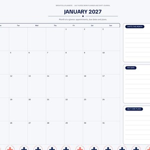 May include: A digital planner page for January 2027 featuring a monthly calendar grid, a sidebar with navigation tabs, and three lined sections labeled Shifts This Month, Pay Days, and Self-Care Plans with a medical cross pattern.