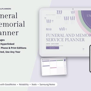 Planificador funerario digital, planificador de servicios conmemorativos, plantilla de obituario, notas de elogio fúnebre, presupuesto funerario, registro de agradecimientos imagen 1