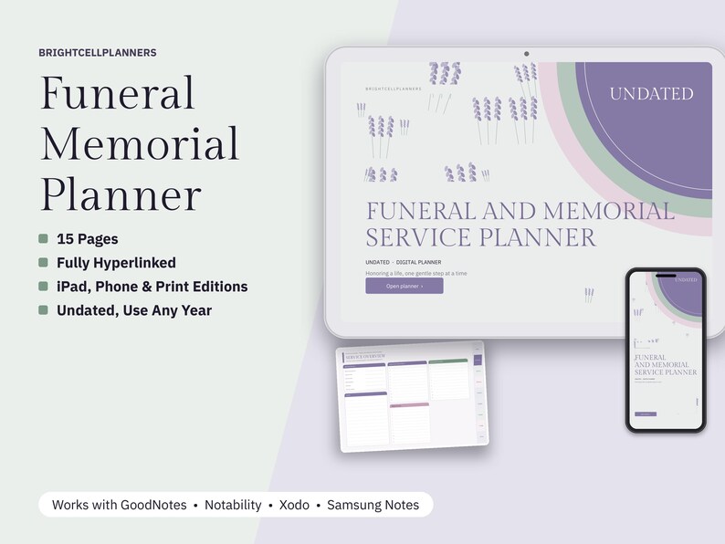 Planificador funerario digital, planificador de servicios conmemorativos, plantilla de obituario, notas de elogio fúnebre, presupuesto funerario, registro de agradecimientos imagen 1