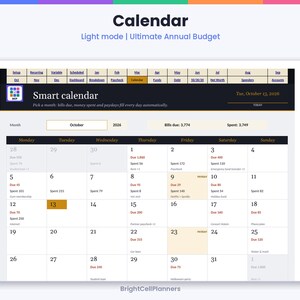 May include: A digital budget calendar interface titled Smart calendar for October 2026. The layout features a navigation bar with tabs like Setup, Recurring, and Dashboard. It displays a monthly grid with daily financial entries for bills and spending.